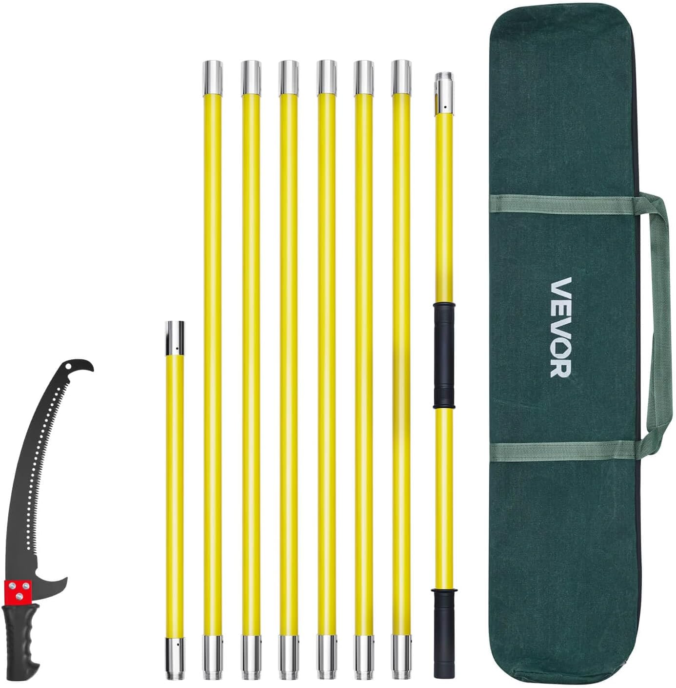 VEVOR Manual Pole Saw, 3.84-26.25 ft Extendable Pole Tree Pruner, Sharp 65Mn Steel Blade, Lightweight Fiberglass Handle Pole, Double-Hook Saw for High Branch Trimming, Pruning Tool for Palms, Shrubs