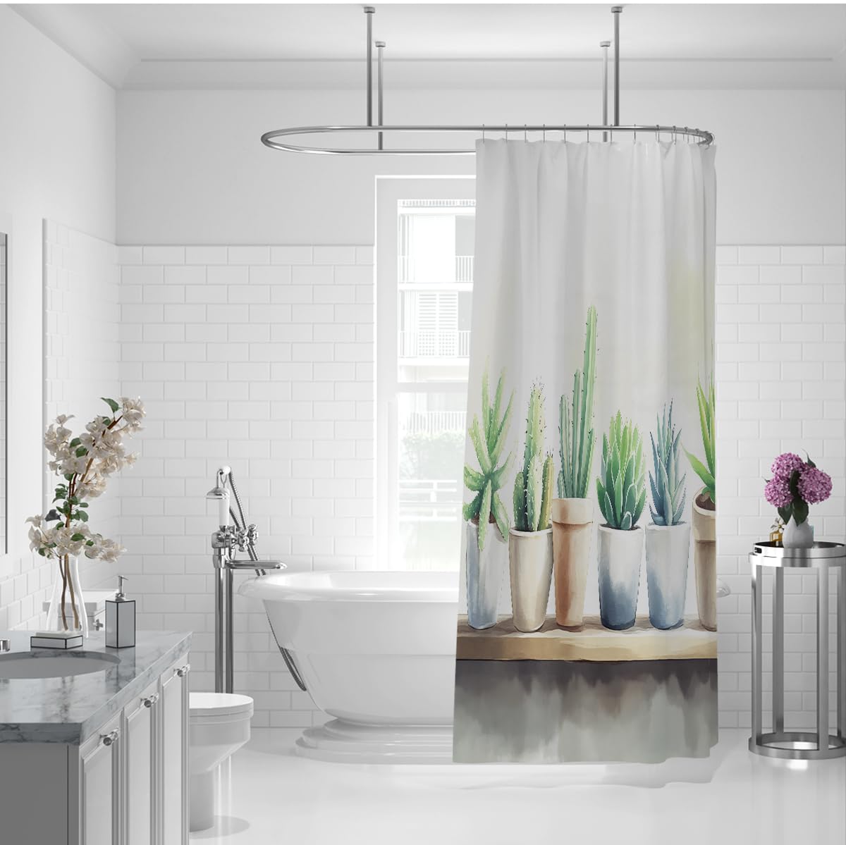 Kaktus-Duschvorhang Aquarell Sukkulenten in Töpfen Design Duschvorhang minimalistisches Grün Badezimmerdekoration wasserdichter Polyesterstoff 200 x 240 cm