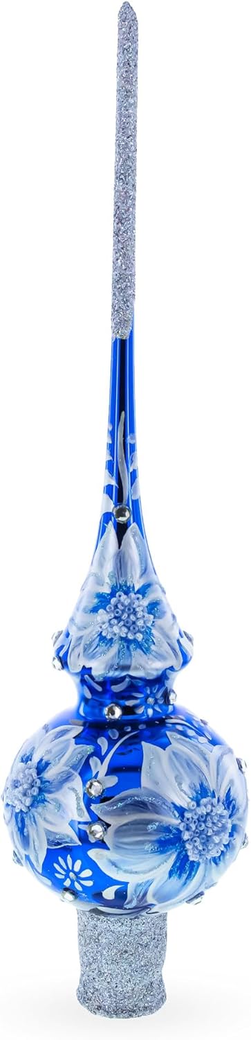 エレガントなコバルトの花 きらびやかなアクセント ガラス クリスマスツリー トッパー