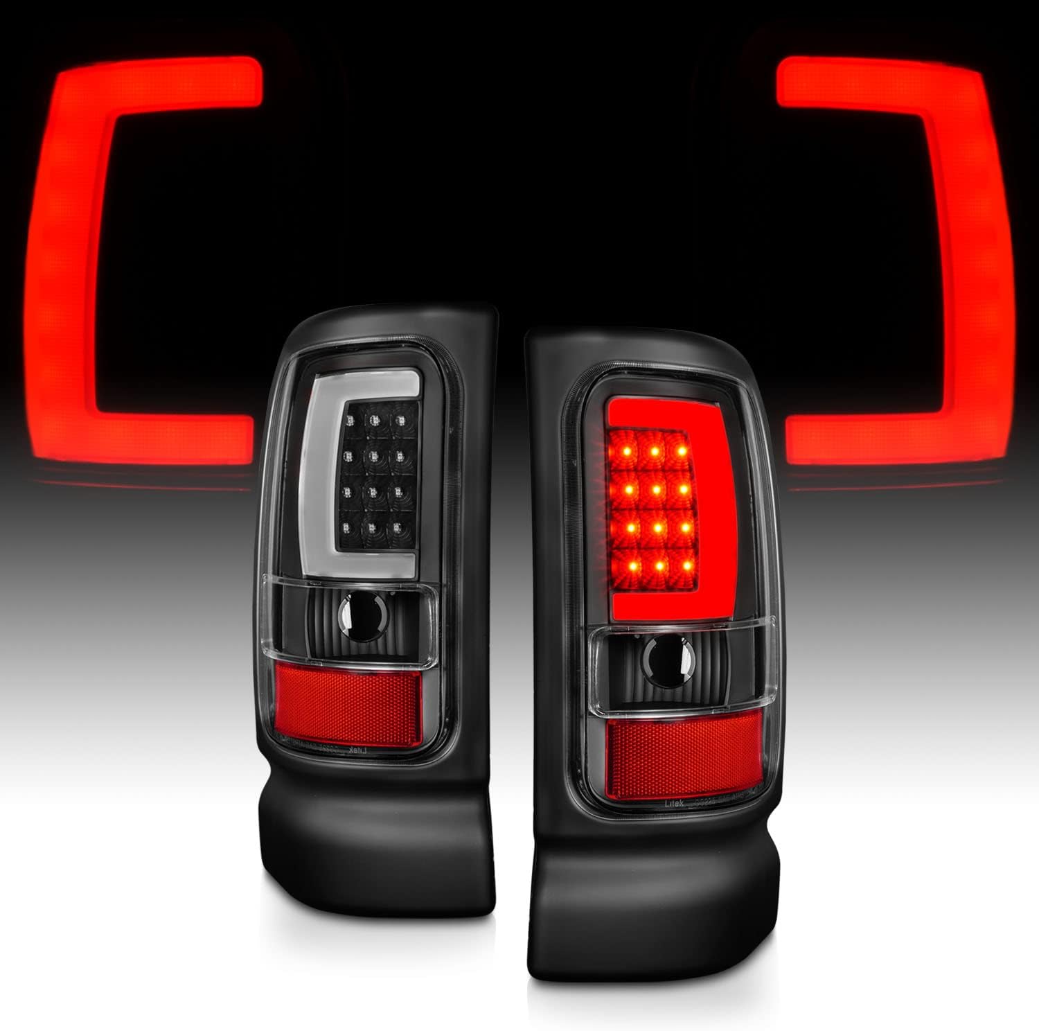 AmeriLite for 1994-2001 Dodge Ram 1500 2500 3500 Truck Black C-Bar LED Tube Replacement Tail Lights Signal Lamp Pair - Passenger and Driver Side
