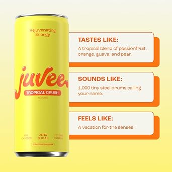 Juvee Rejuvenating Energy Drink Sugar Free Tropical Crush Flavor, 12 oz Cans (12-Pack) 128mg Natural Caffeine, Zero Sugar, Low Calorie, Clean Energy & Mental Focus Support