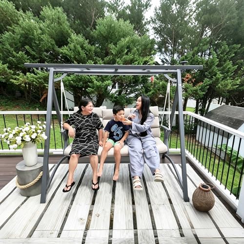 Image of PURPLE LEAF Porch Swing 3 Person Patio Swing Chair with PVC Canopy Outdoor Deluxe Modern Yard Hammock Swinging Chairs w /Solar LED Light and Cushions for Backyard Glider Outside Loveseat Bench