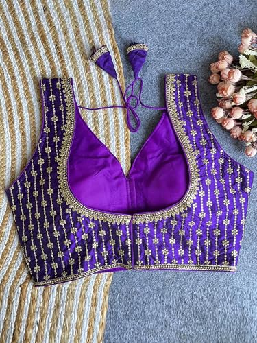 Image of TRENDMALLS Women's Dhupion Silk Embroidery Sequence Work V Neck Sleeveless Blouse Choli Stylish Saree Blouse Ready to Wear