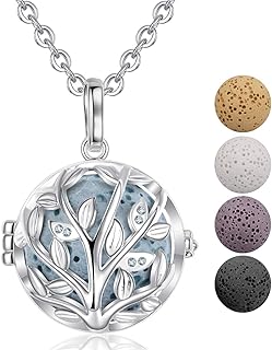 Lava Stone Diffuser Necklace, AEONSLOVE Tree of Life Aromatherapy Essential Oil Diffuser Lava Stone Locket Pendant Necklace, 5PCS Lava Rock Stone Beads Gifts for Women Girls