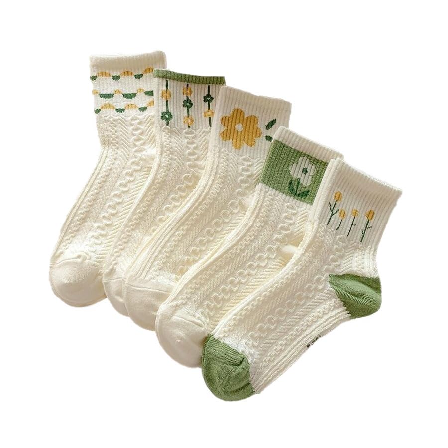 5 Pair Cute Ankle Socks for Women- Cable Knitted Floral Pattern Cute Cottagecore Socks