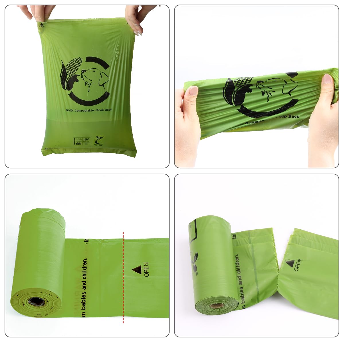 Bolsa compostable certificada, 120 unidades, ecológicas y a prueba de fugas, fácil de abrir, 100% compostable, verde bosque para perro, 15 bolsas para perros por rollo (8 rollos)