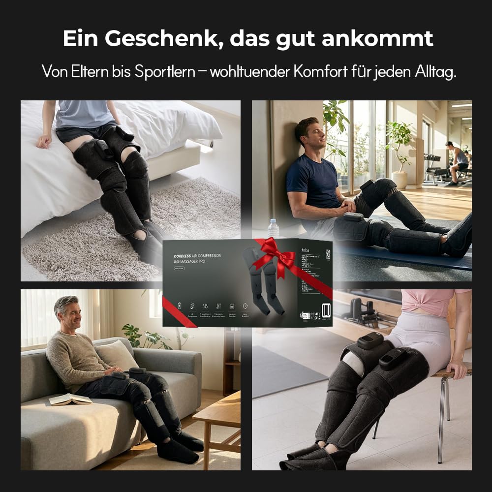 HuBDIC HubiCare Kabelloses Beinmassagegerät mit Wärme- und Luftkompression für Durchblutung und Schmerzlinderung, 5 Modi mit 5 Intensitäten, reduziert Schwellungen, Muskelentspannungsgerät (Schwarz)
