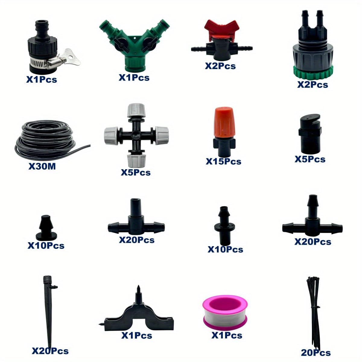 Kit di irrigazione a goccia da 30,4 m + 143 pezzi, sistema da giardino con ugello regolabile, irrigatore d'acqua e kit di irrigazione automatico per serra, colore: nero (VariantValue)