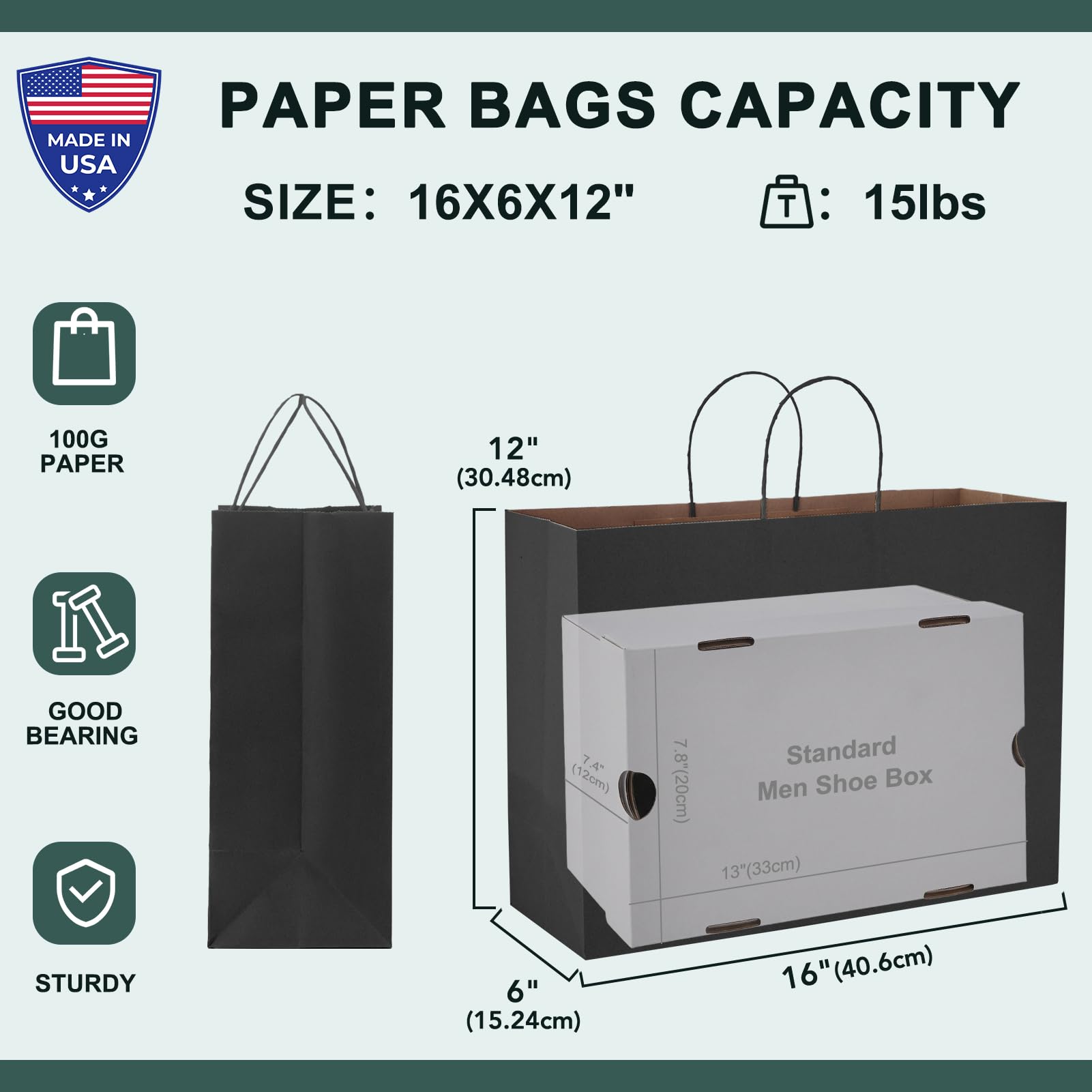 METRONIC 25 Pack Large Black Paper Gift Bags 16X6X12 Inches, Shopping Kraft Paper Bag with Handles, Small Business, Boutique, Gift Wrap, Bulk