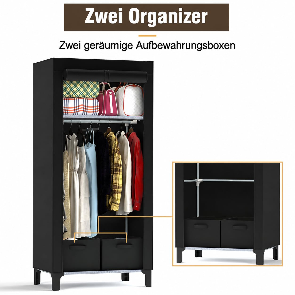 Armoire en tissu avec tringle à vêtements, armoire portable stable avec revêtement pour chambre à coucher et dressing