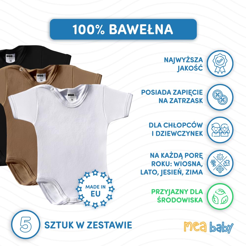 MEA BABY Unisex Baby Body z krótkimi rękawami z nadrukiem wykonane w 100% z bawełny w paczce 5 sztuk, body niemowlęce z nadrukiem, body niemowlęce dla dziewczynek, body niemowlęce dla chłopców