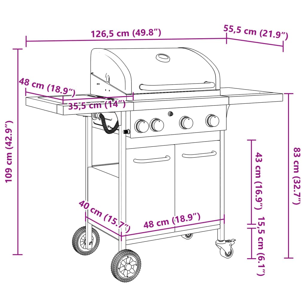 vidaXL Gasgrill mit 4 Flammen, Grillwagen mit Piezo-Zündsystem Thermometer, Gartengrill mit Rädern Stauraum, Grillstation, Schwarz Pulverbeschichteter Stahl