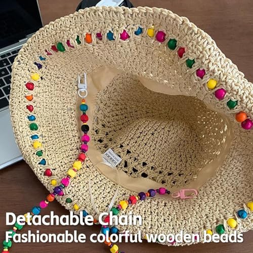 Sombrero de paja para mujer con ala ancha y cuentas de madera miniatura 4