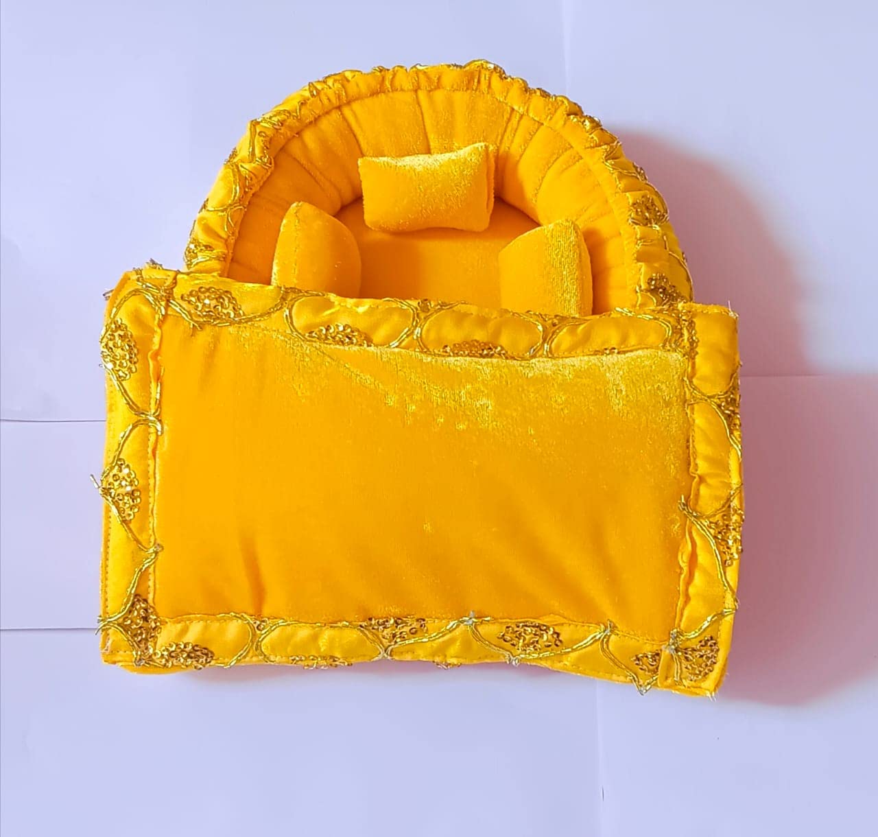 Vijay Kumar Gupta Laddu Gopal Bedding Set - Yellow, 5 Pieces - Mattress, Pillow, Quilt - Velvet Fabric - Winter - Traditional Style-image-3