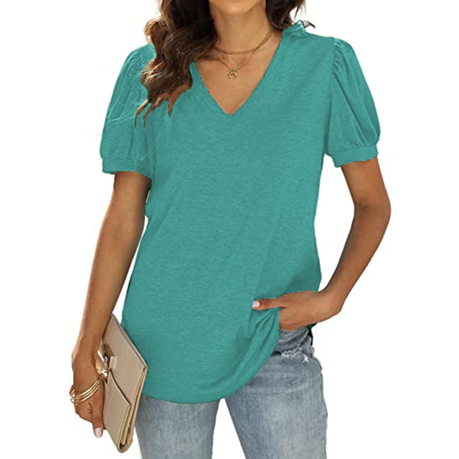 1 x Brand New Womens Tops V Neck Summer Puff Sleeve Summer Casual Tee ...