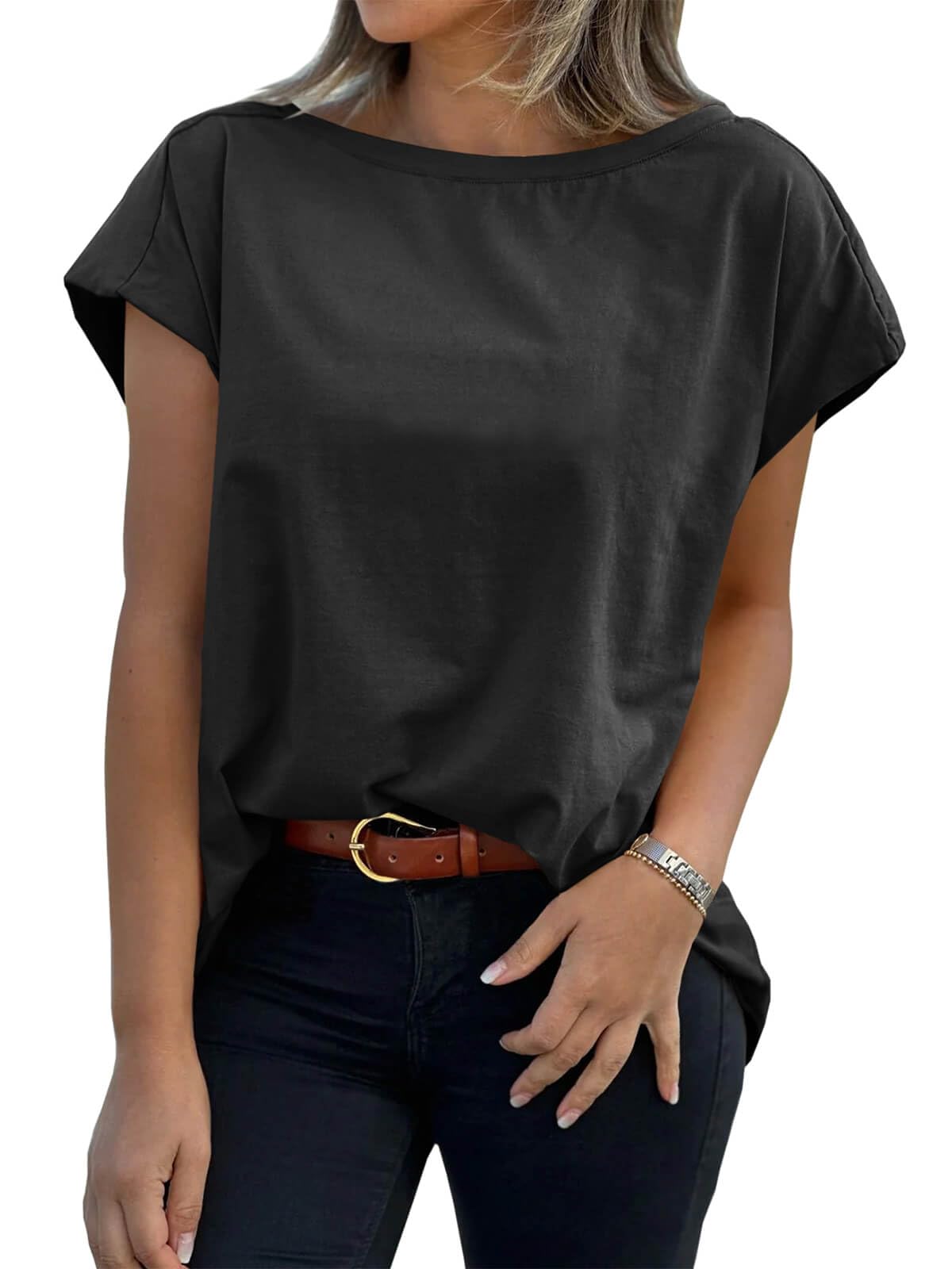 Tankaneo Womens Cap Sleeve Tops Boat Neck T-Shirts Summer Casual Loose Fit Basic Tees