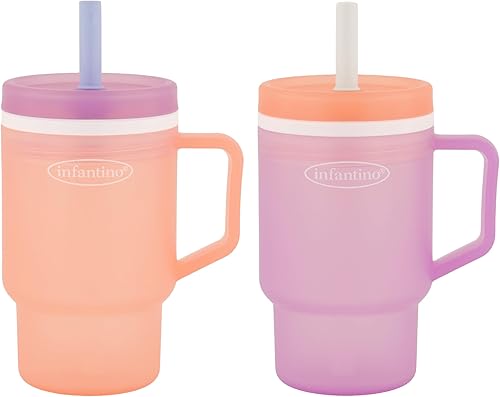 Vista 9 de Infantino Mi primer vaso, taza de sorbito de plástico duradero con pajita de silicona resistente a fugas y asa, para llevar, taza de transición Azul