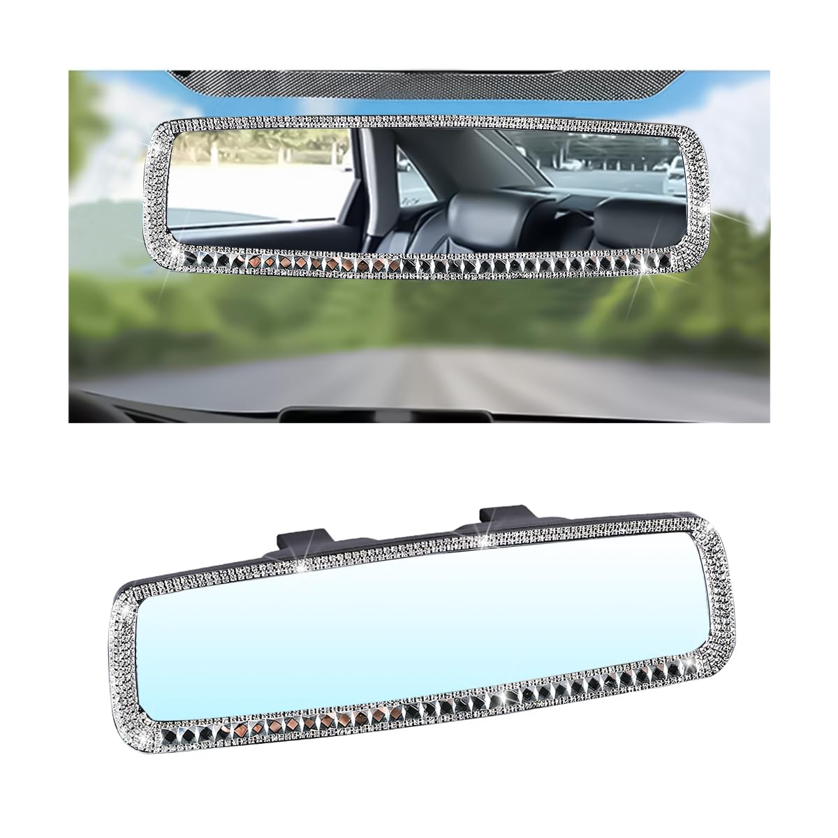 Osilly Rhinestone Clip-On Car Rearview Mirror, Silver-1