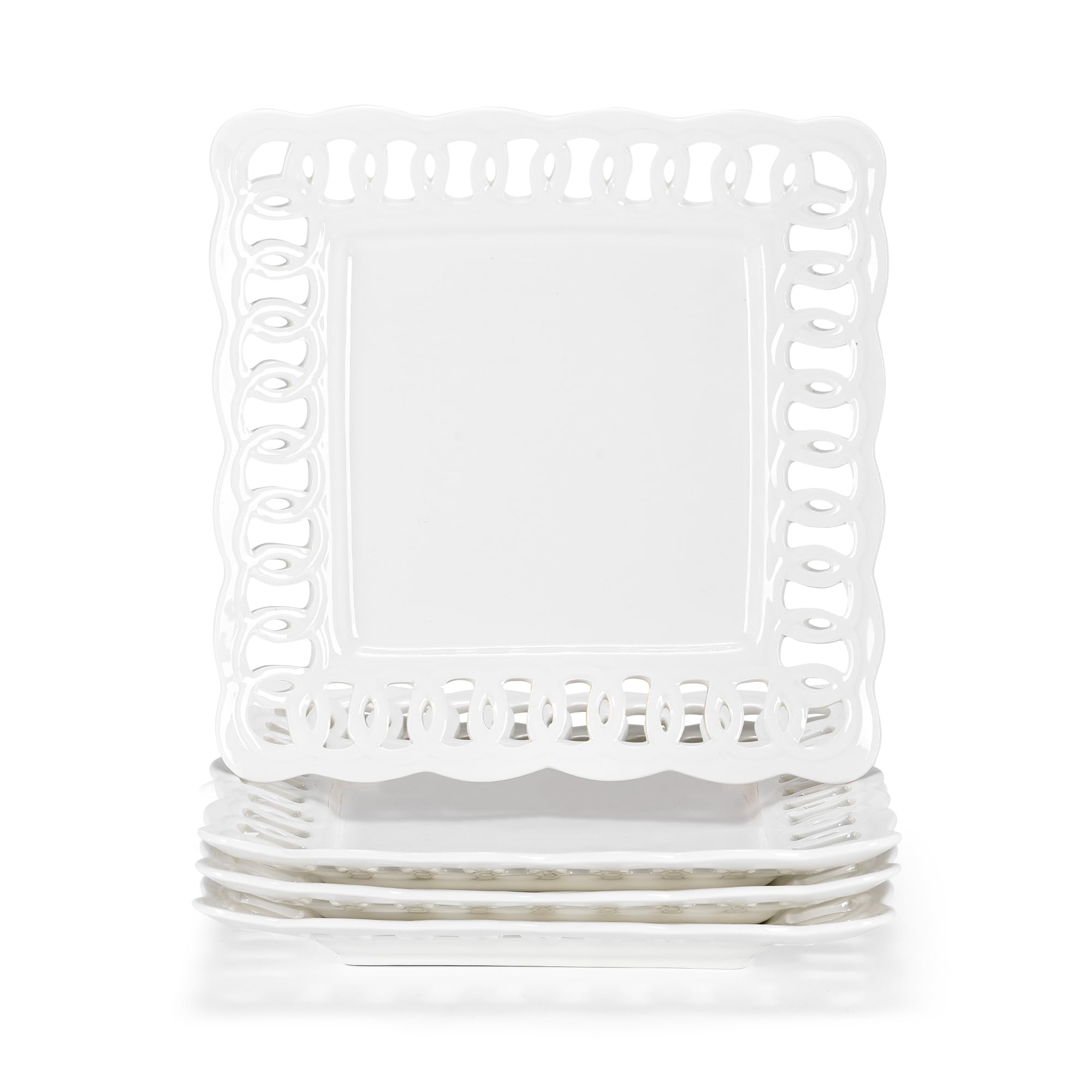 Set di 4 piatti piani quadrati in ceramica, 28 cm, per bistecche, pasta, insalata, snack, pizza, antipasto, piatti in porcellana con bordo in pizzo, regalo per feste, matrimoni, compleanni, Natale
