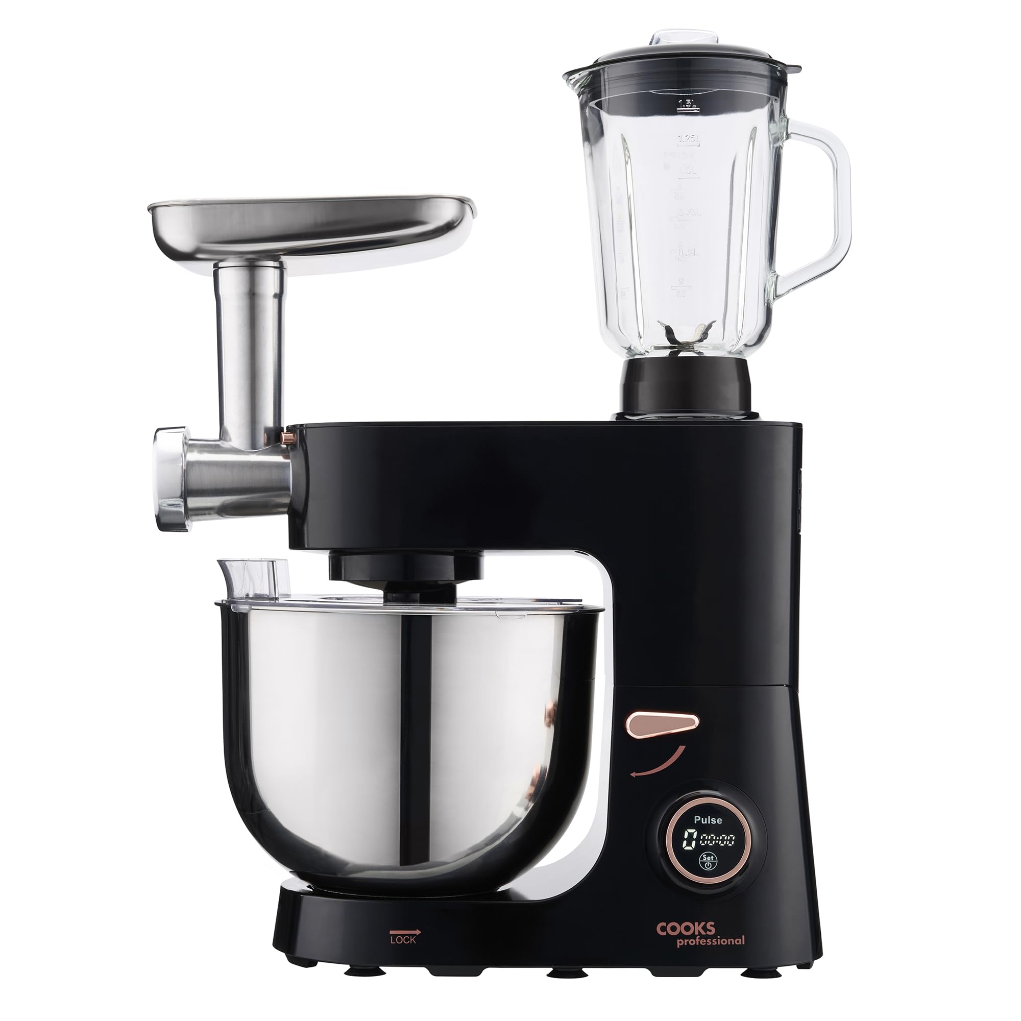 Cooks Professional Multi Function Stand Mixer 1800W with 8L Stainless Steel Bowl, Accessory Kit, Blender & Meat Mincer Capability, 8 Speed Settings, Pulse Function & Digital Control | Black/Rose Gold — image 1
