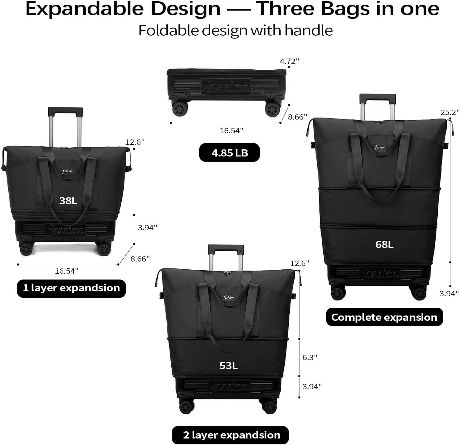 Reisetasche mit Rollen,Reisetaschen Großer Damen/Herren Sporttasche mit Abnehmbaren Krawattenstangen,Weekender die Sich in DREI Verschiedene Formen verwandeln lässt (Schwarz)