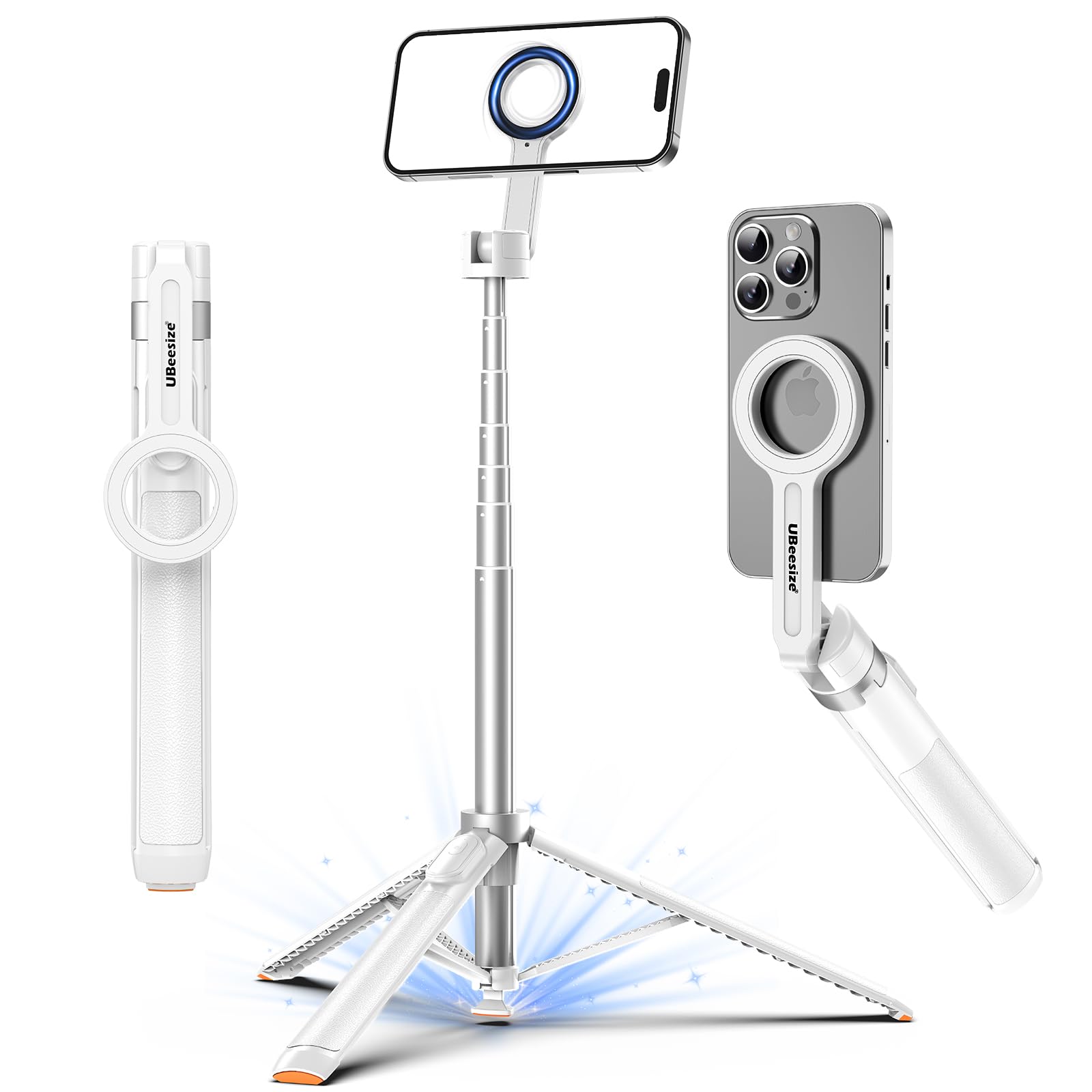 Photo 1 of [MISSING LEG] UBeesize 70" Auto-Open Magnetic Tripod for iPhone, MagSafe Selfie Stick with Remote, Portable Phone Stand for Recording, Travel and Vlogging, Compatible with iPhone/Android (White)