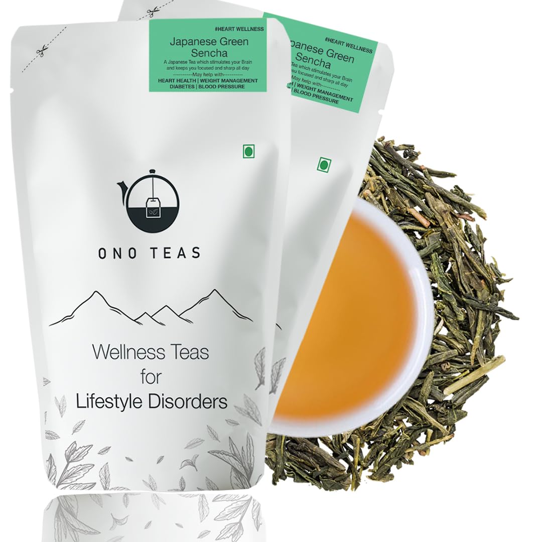 Ono Teas Japanese Green Sencha (100 Grams | 100 Cups) with Darjeeling Green Tea processed in a Japanese Tradition | Known to help with Heart Health, Weight Management, Immunity (50gmX2=100gm)