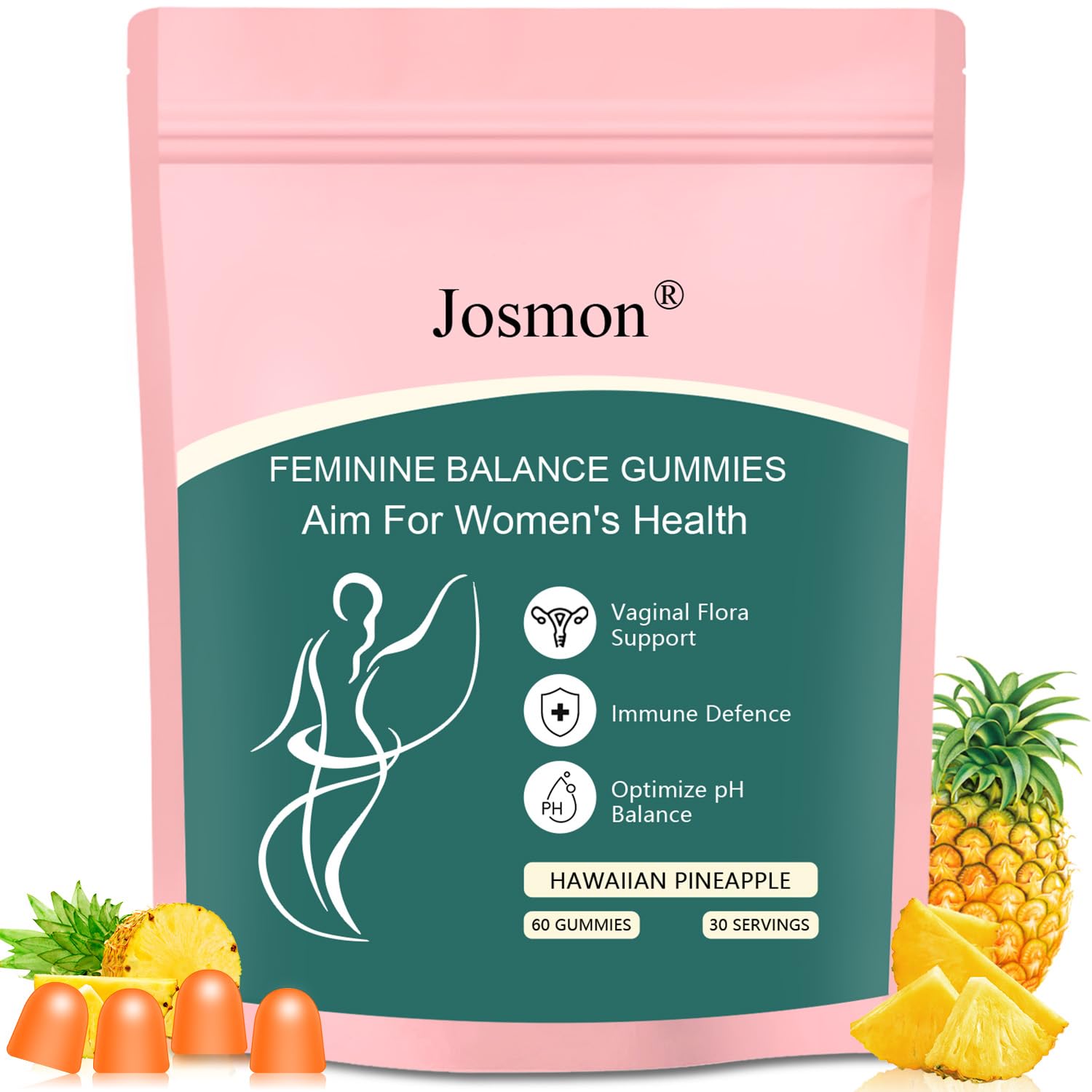 Premium Feminine Balance Gummies for Women, Pineapple Gummies for Women PH Health and Wellness, Hawaiian Pineapple Flavor, Improve Immune, Vegan, Gluten Free, Burgundy, 1 Pack