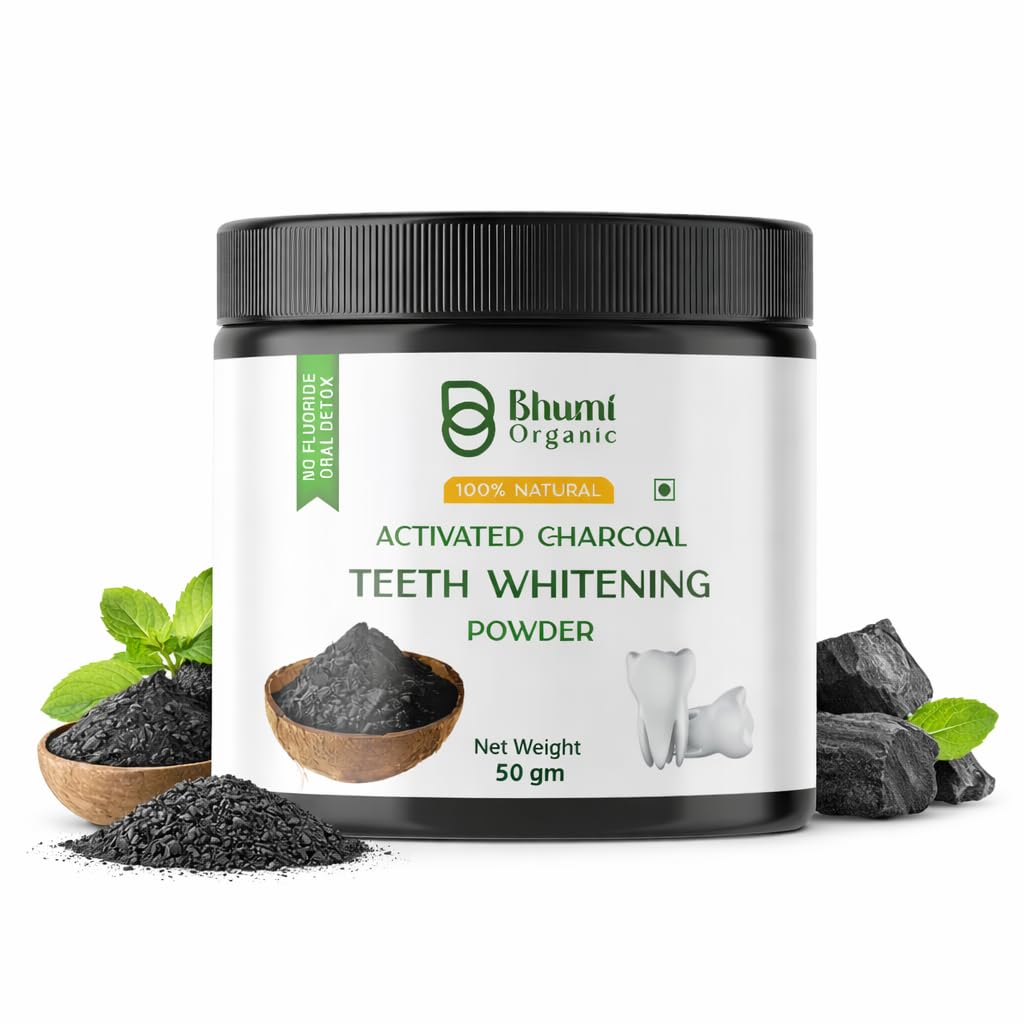 Bhumi Organic Coconut Charcoal Teeth Whitening Powder (50 gm) - Enamel Safe, Stain Remover | Turmeric, Clove, carom Seed,Rock Salt | Fluoride Free