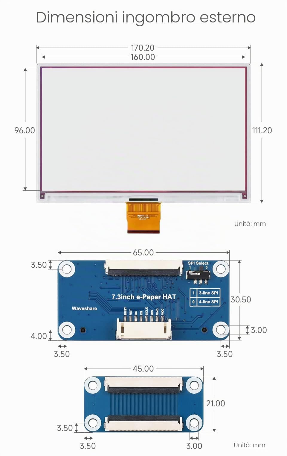Waveshare 7.3 inch ACeP 7-colour E-paper HAT (with PCB), 800 x 480 resolution, SPI interface, low power consumption, wide viewing angle, paper like, for shelf label/industrial instruments, etc