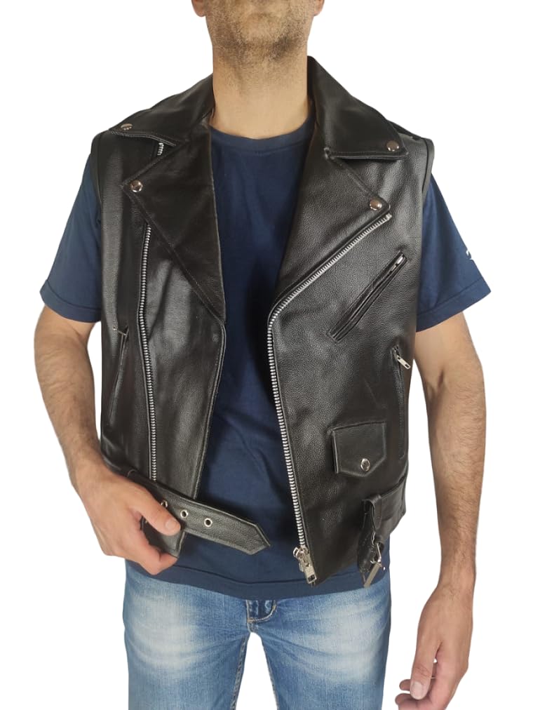 WinNet Gilet vera pelle smanicato stile giacca chiodo per moto custom vintage cafè race