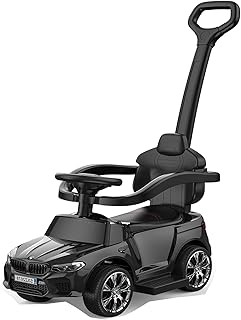 سيارة دفع كبيرة ومحدثة للأطفال الصغار مرخصة من بي ام دبليو مزودة بمقبض للتحكم وبوق وموسيقى وإضاءة ليد تناسب الأولاد والبنات بعمر سنة إلى 3 سنوات من باتيكوين، أسود