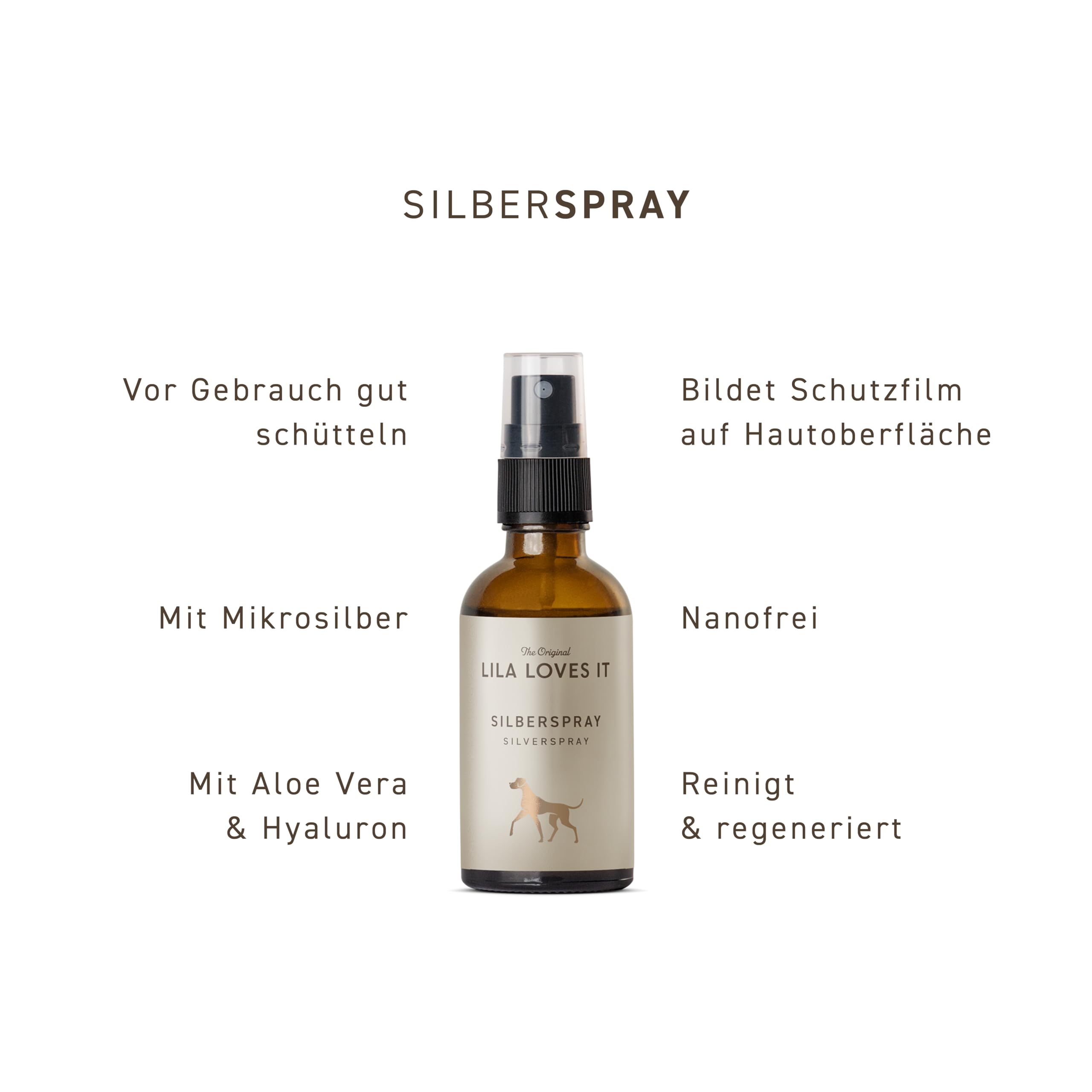 Silberspray für Hunde – natürliche Pflege, mit Aloe Vera und Hyaluron, reinigt und regeneriert, nanofrei, mit Mikrosilber, SILBERSPRAY von LILA LOVES IT, 50 ml