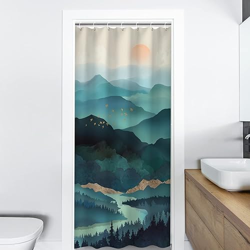 Miniatura 2 de RosieLily Cortina de ducha pequeña de 36 x 72 pulgadas, cortina de ducha con diseño de bosque y montaña, cortinas de ducha para baño, ganchos de