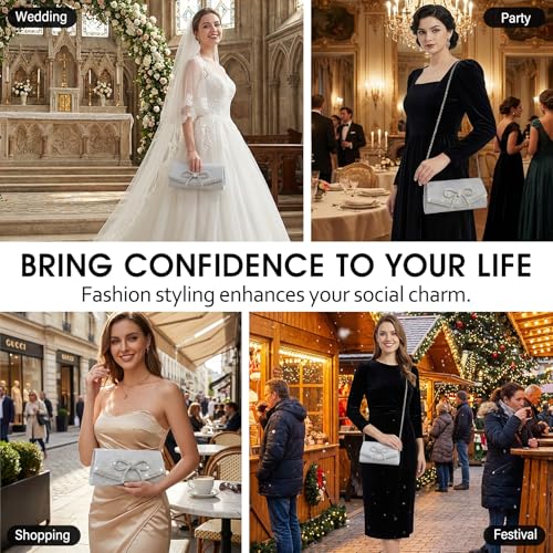 Image of Bow Rhinestone Evening Clutch Purses for Women Weddings Party Prom Diamond Glitter Sparkly Handbag with Detachable Chain