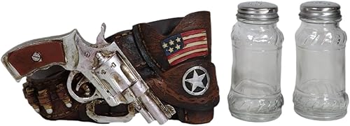 Miniatura 3 de Ebros Gift Rústico vaquero occidental revólver pistola pistola de cuero sintético con estrella y bandera sal y pimienta juego de agitadores de