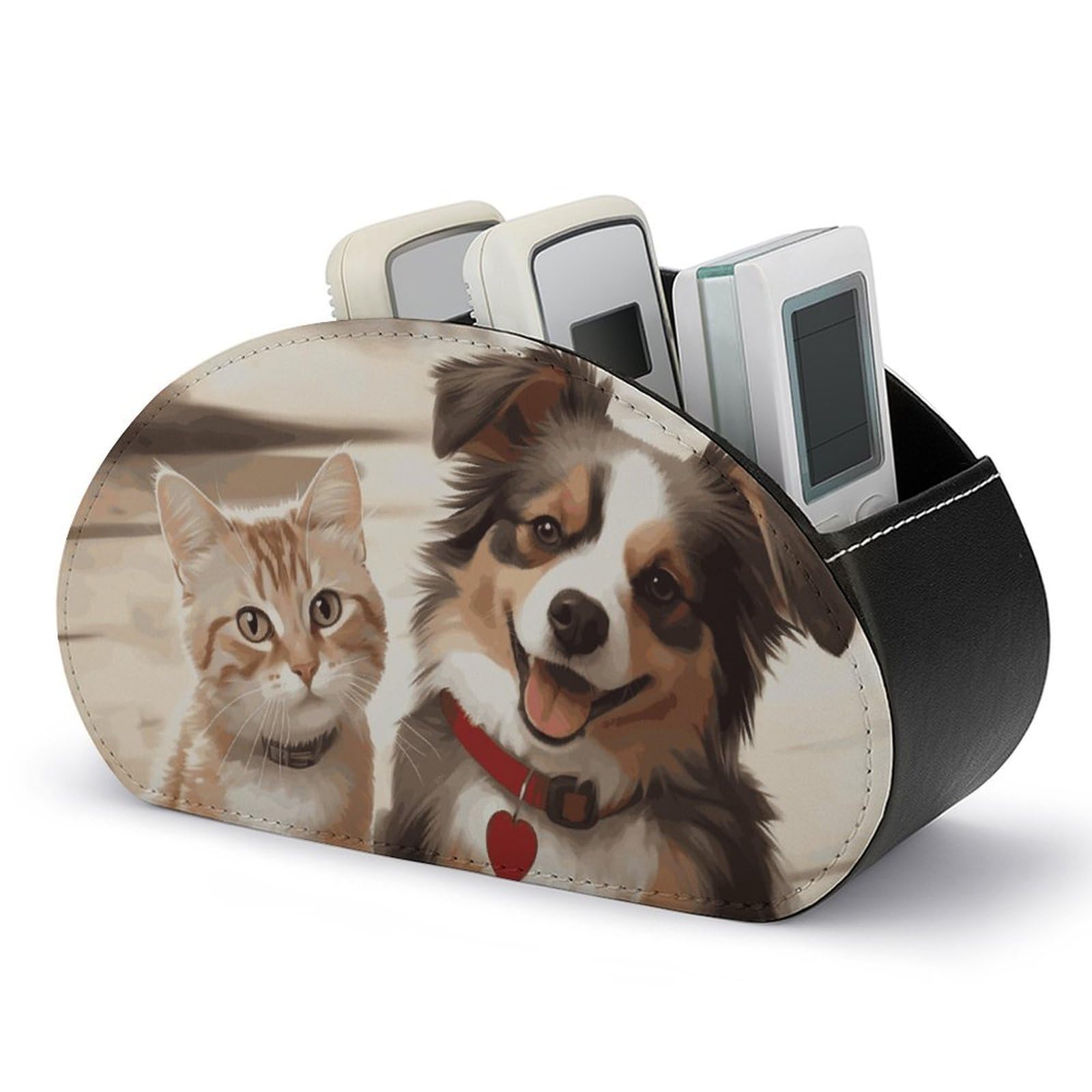 NTVOWPZO Leather Funny Cat Dog Remote Control Holder, 5 Compartment Nightstand TV Remote Caddy, Office Supplies Desktop Organizer, Nightstand Remote