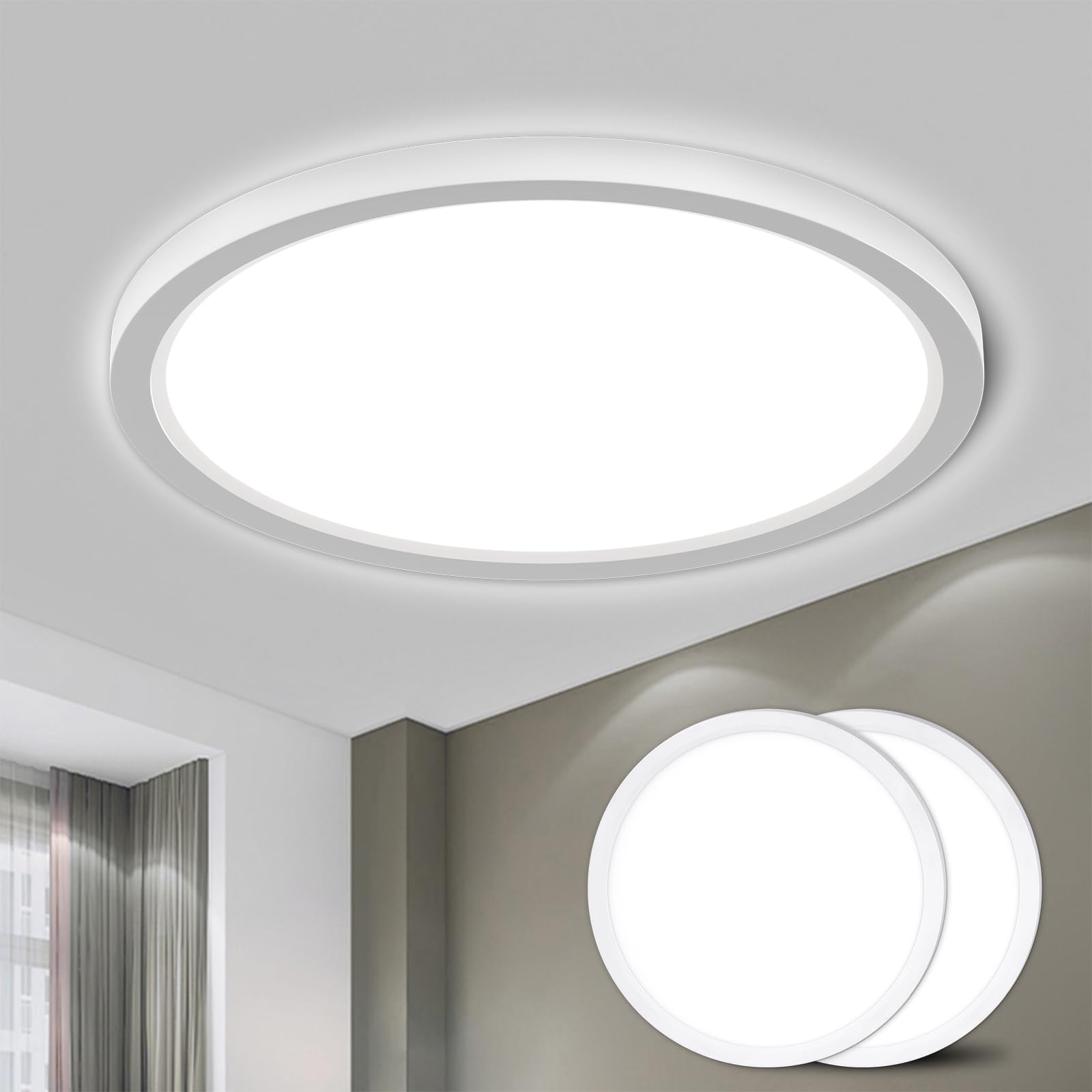 LQWELL® Plafoniera Lampada da soffitto a LED, Lampada da bagno impermeabile IP44 Rotonda Piatta 18W 6000K 1600LM Sottile per Soggiorno Bagno Camera da letto Cucina Seminterrato Ufficio, 220 * 24mm
