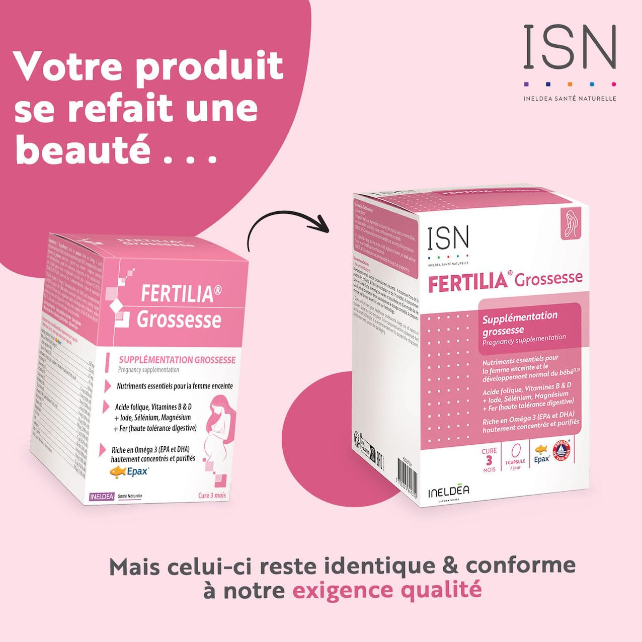 ISN - Fertilia® Grossesse - Complément alimentaire à base de nutriments essentiels pour le bien-être de la femme enceinte & le développement de bébé - Riche en Omega 3 - Cure 3 mois