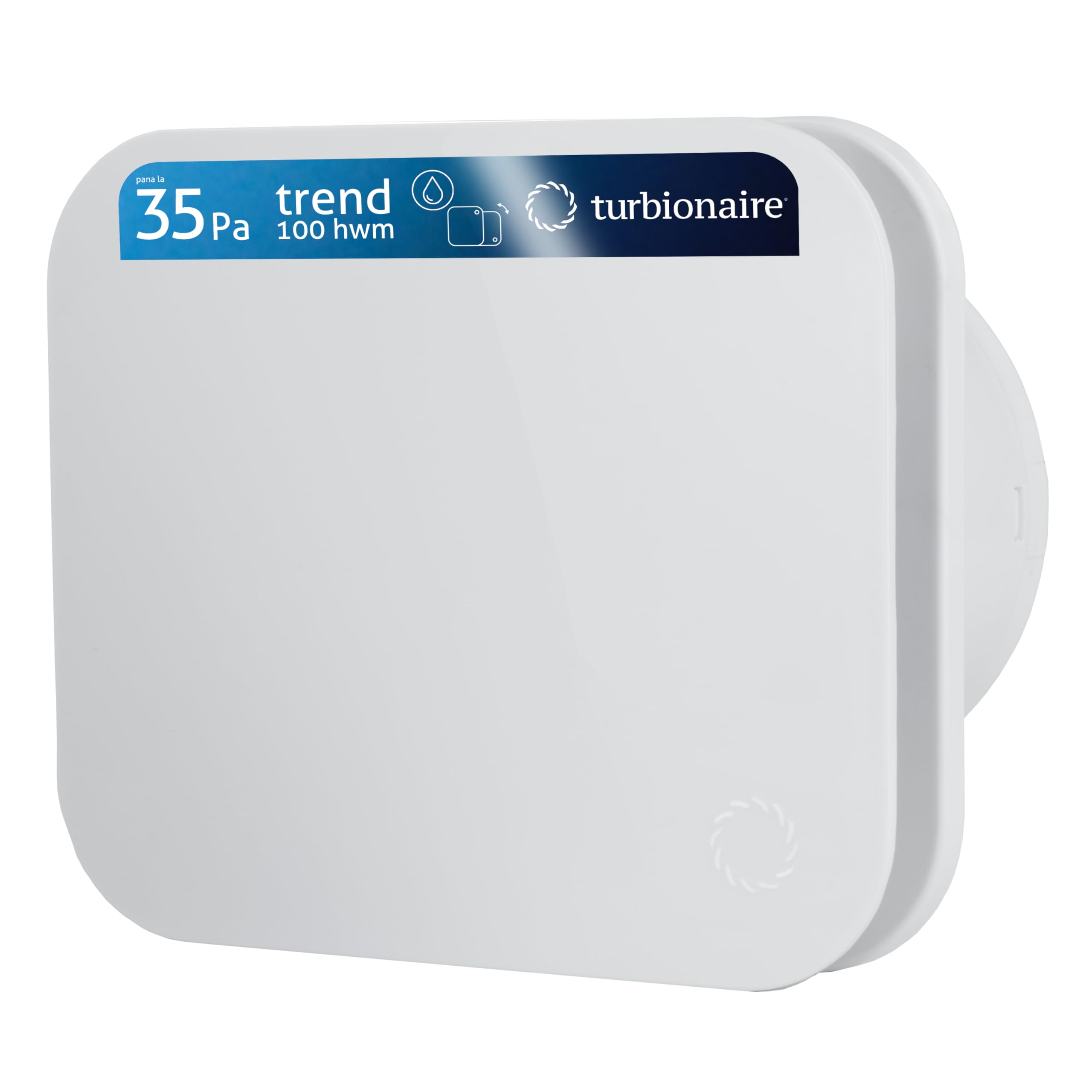 Turbionaire Trend 100 HWM Extractor de aire para Baño, Cocina, Pared/Techo, Sensor de humedad, Blanco matte, 100mm, 35Pa, Válvula antirretorno, Silencioso, IPX4, Aspiración perimetral