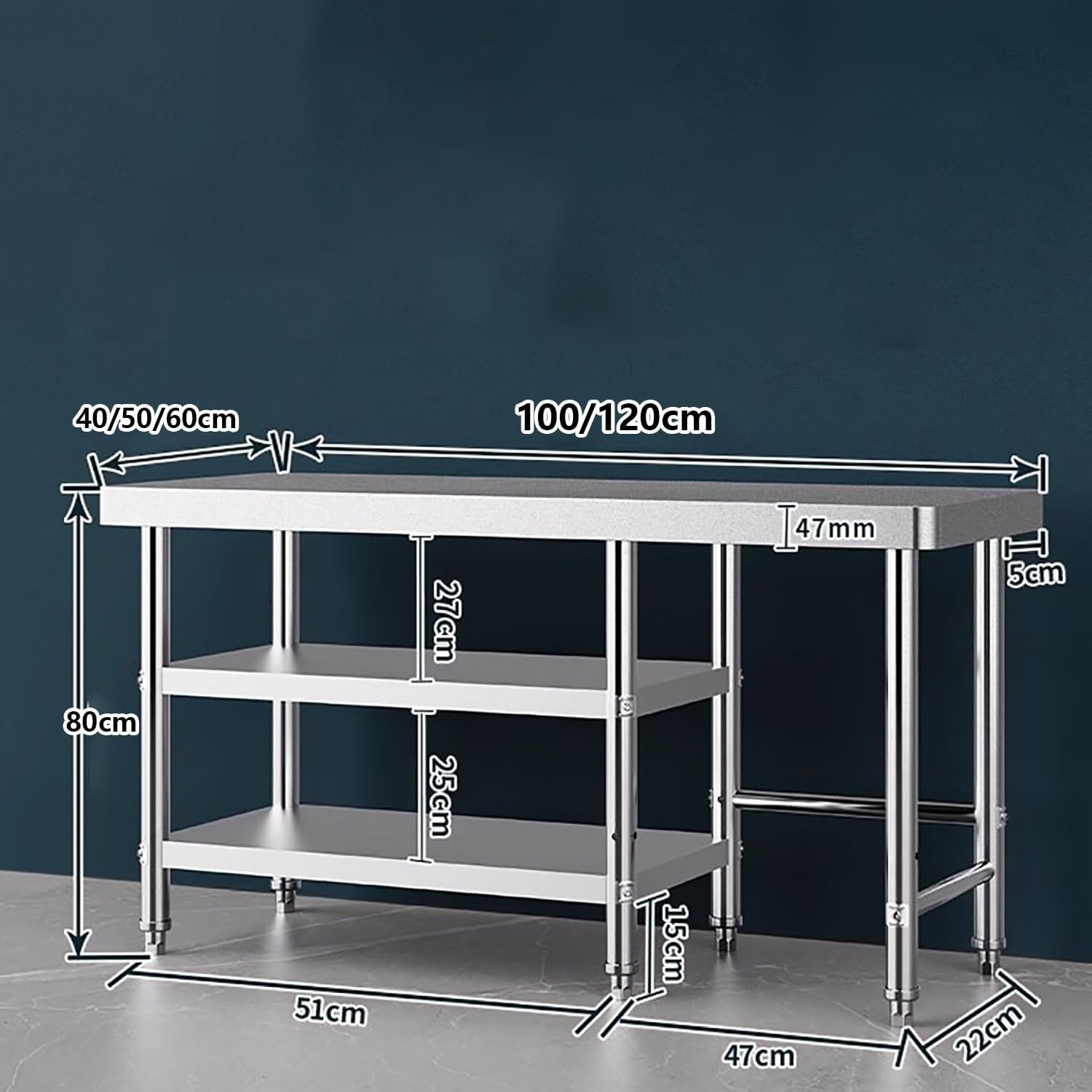 Tavolo da ristorazione in Acciaio Inossidabile Resistente per Uso Commerciale e Domestico, capacità di carico Eccezionale, 120x60x80cm, Ideale per spazi di Lavoro per ristoranti, cucine, Bar e Garage