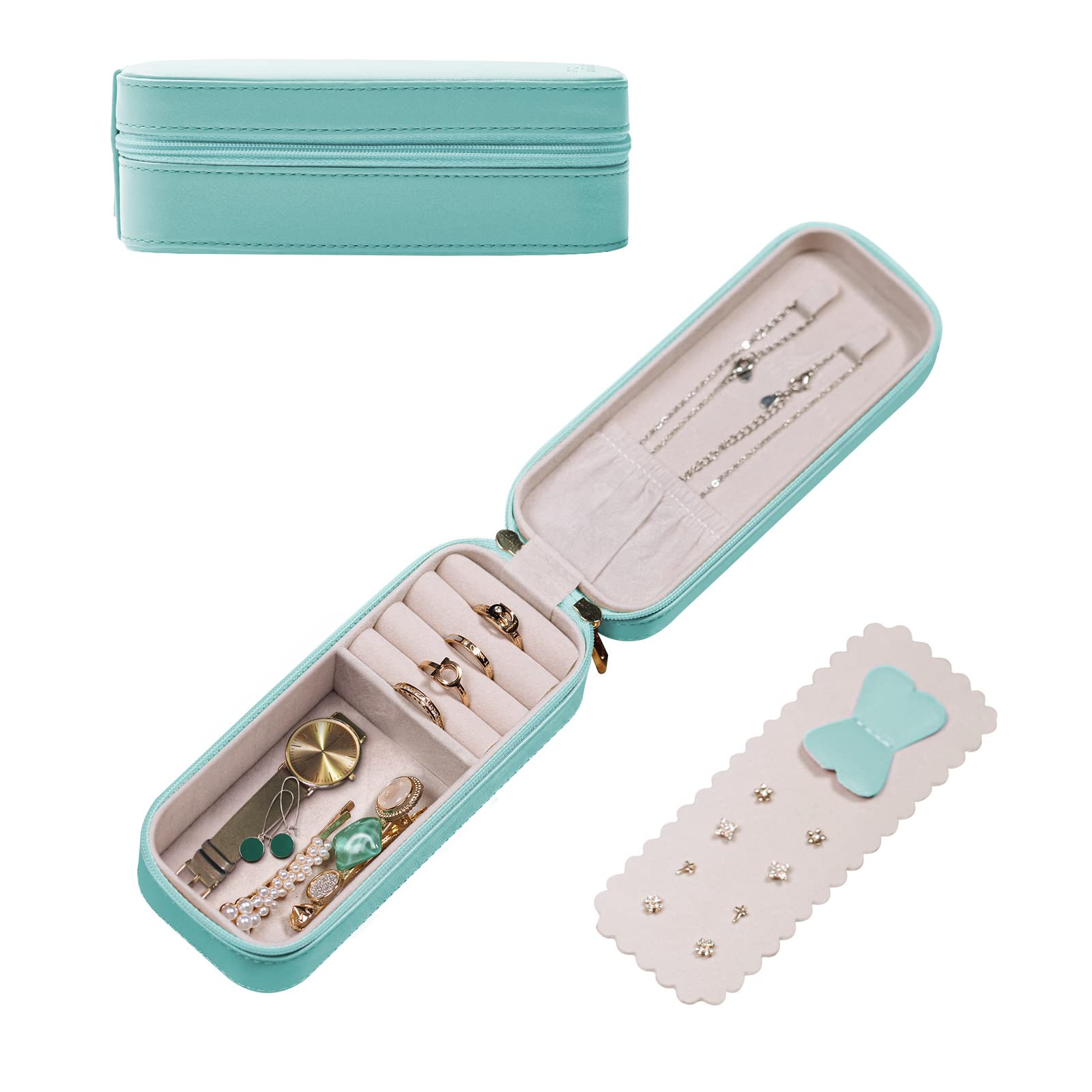 SANQIANWAN Small Jewelry Travel Organizer Box with PU Leather Portable Jewelry Storage Case for Necklace Rings Earrings,Gifts for Girlfriend, (LakeBlue)