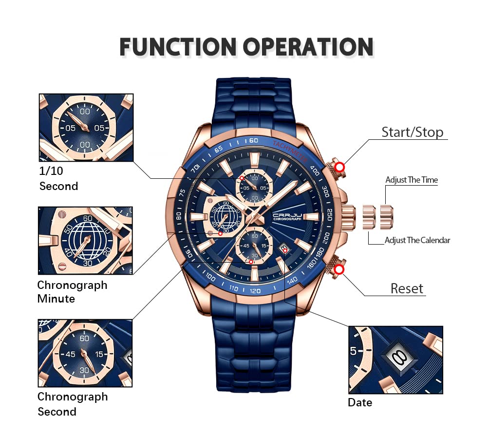 CRRJU Orologi al quarzo analogici casual da uomo alla moda per uomo con cronografo da polso, orologio impermeabile con cinturino in acciaio inossidabile blu, Blu e blu.