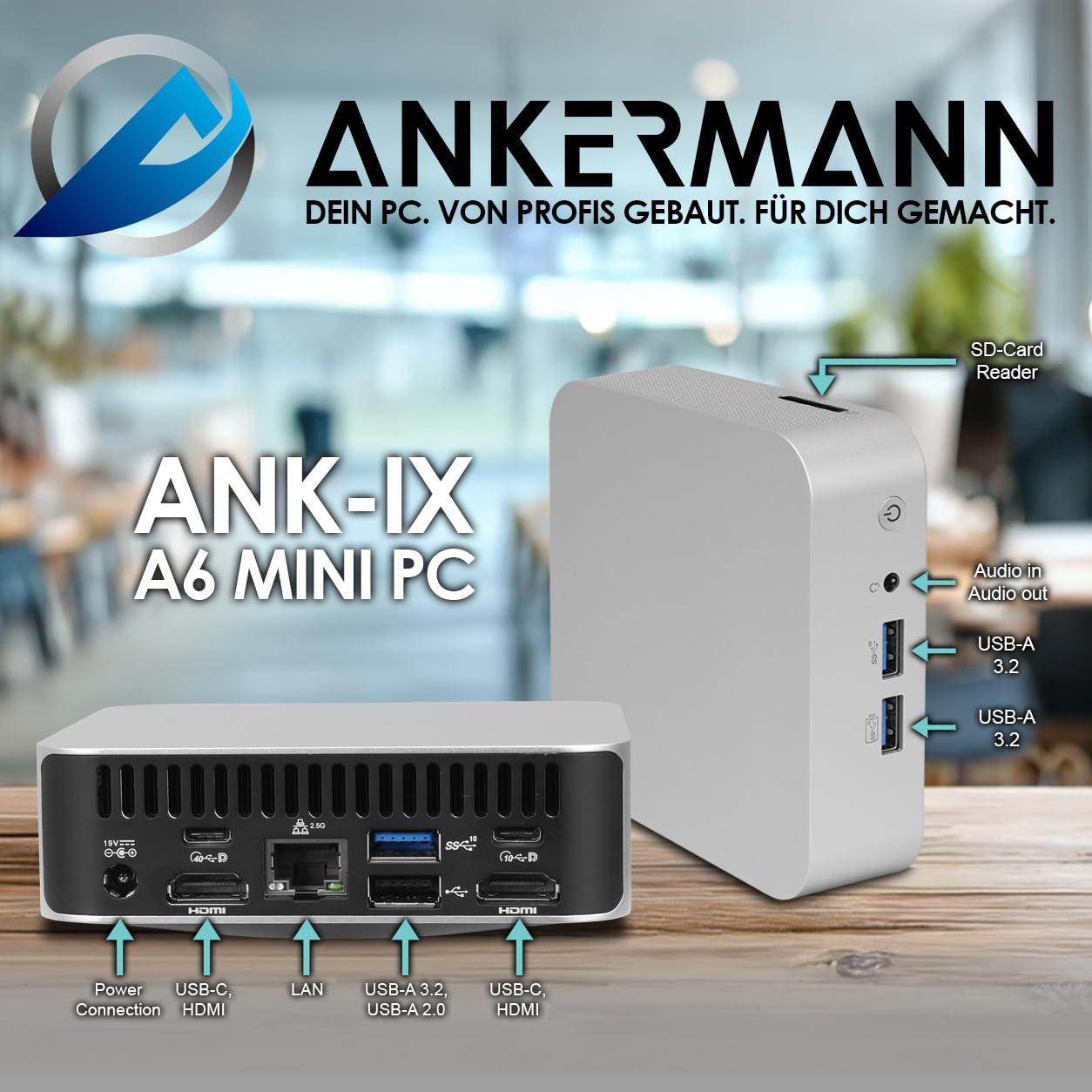 Ankermann ANK-IX A6 Mini PC AMD Ryzen 7 16GB RAM 1TB SSD MS Office 2024 | Kompakter Business & Home-Office PC, Windows 11 Pro, MS Office 2024 Professional Plus, WLAN 6 & Bluetooth