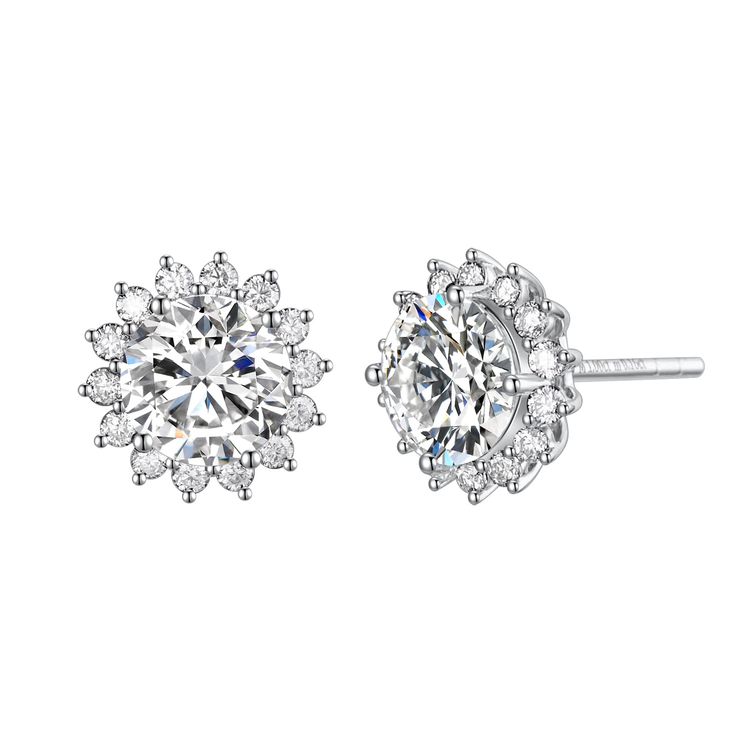 FANCIME 14K Solid White Gold 6.5MM Moissanite Round Stud Earrings 2.2 CTTW Halo Sun Flower Setting Simulated Diamond Love Anniversary Birthday Holiday Jewelry Gift For Her Women Girls