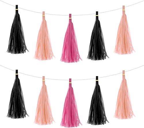 MECCANIXITY Guirnalda de borlas de color negro, rosa claro, rojo rosa, con cuerda, papel de seda, borlas, kits de bricolaje para aniversario, boda,