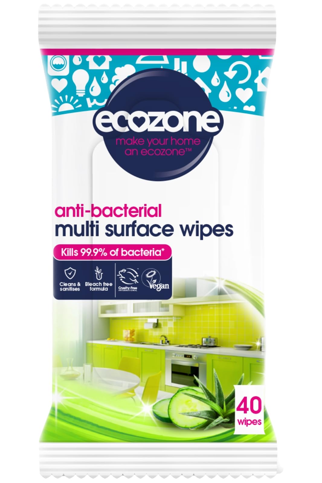 Anti-Bacterial Multi-Surface Wipes, Biodegradable Moist Wet Anti Bac Disposable Cleaning Cloths, Sanitising Worktop Natural Vegan Friendly Non Toxic Wipes, Aloe Vera & Cucumber (40 Pack)