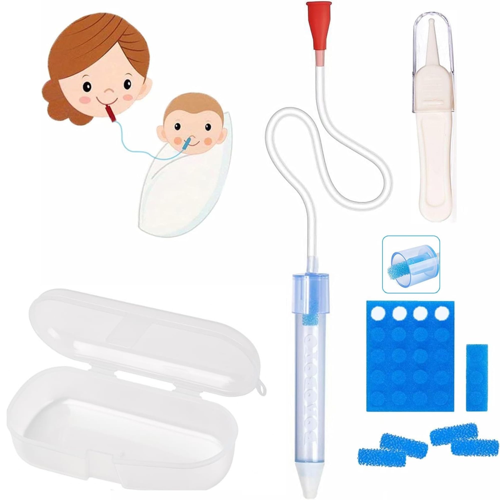 ENZAMOL Baby Nasal Syringe Aspirator with 20 Extra Clear Filters - Nasal Aspirator for Baby Newborn to Toddler - Blue, Silicone