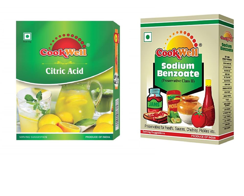 Cookwell Food Preservative Combo – Citric Acid Powder 25g × 2 and Sodium Benzoate 25g × 2 | Multipurpose Food Grade for Pickle, Salad Dressing, Lemon Juice, Soya Sauce, Baking, Beverage or Kitchen Use-picture-0