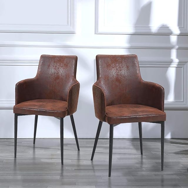 CLIPOP Dining Chairs Set of 2 Brown Faux Leather Upholstered Kitchen Leisure Chairs with Backrest and Armrests, Retro Reception Chairs Armchairs for Home Office Furniture
